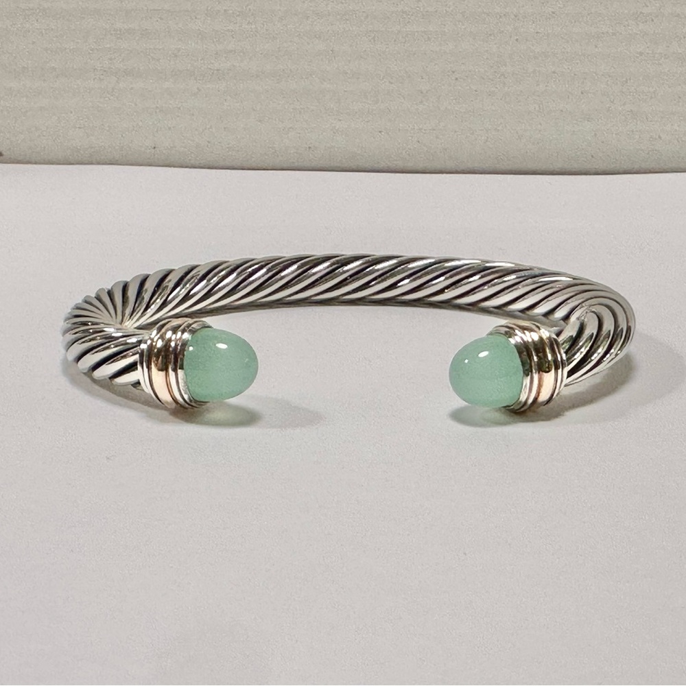David Yurman Two-tone Cable Bracelet with Blue lace chalcedony domes, 7mm